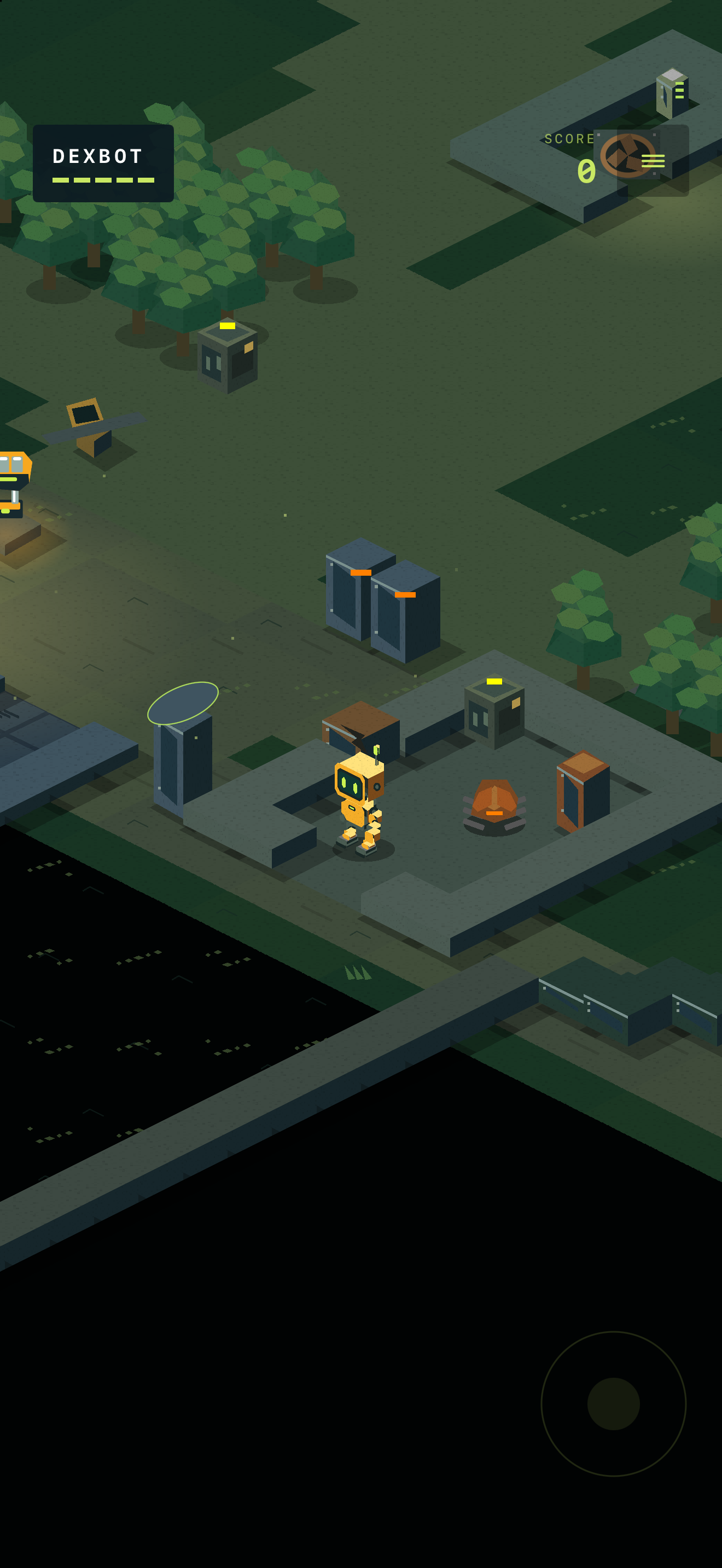 Dexbot exploring the Canopy among trees and mechanical ruins