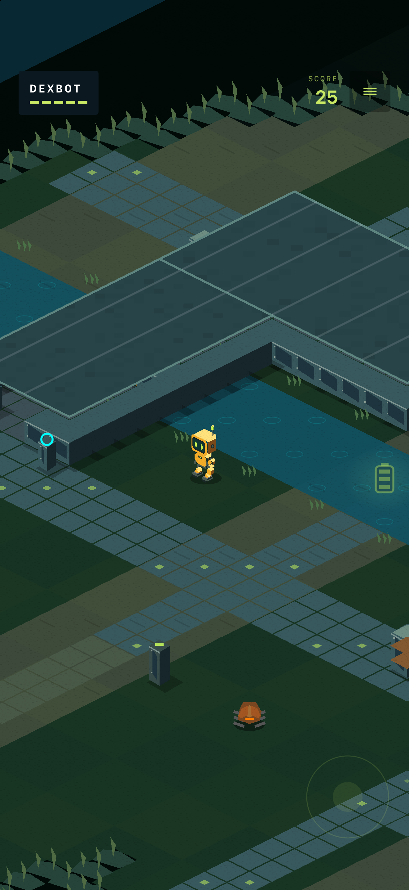Dexbot beside the water and glass roof of Rainworks